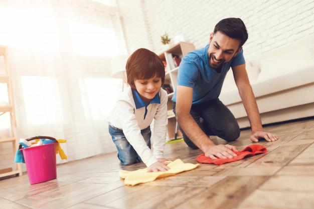 Father and child cleaning